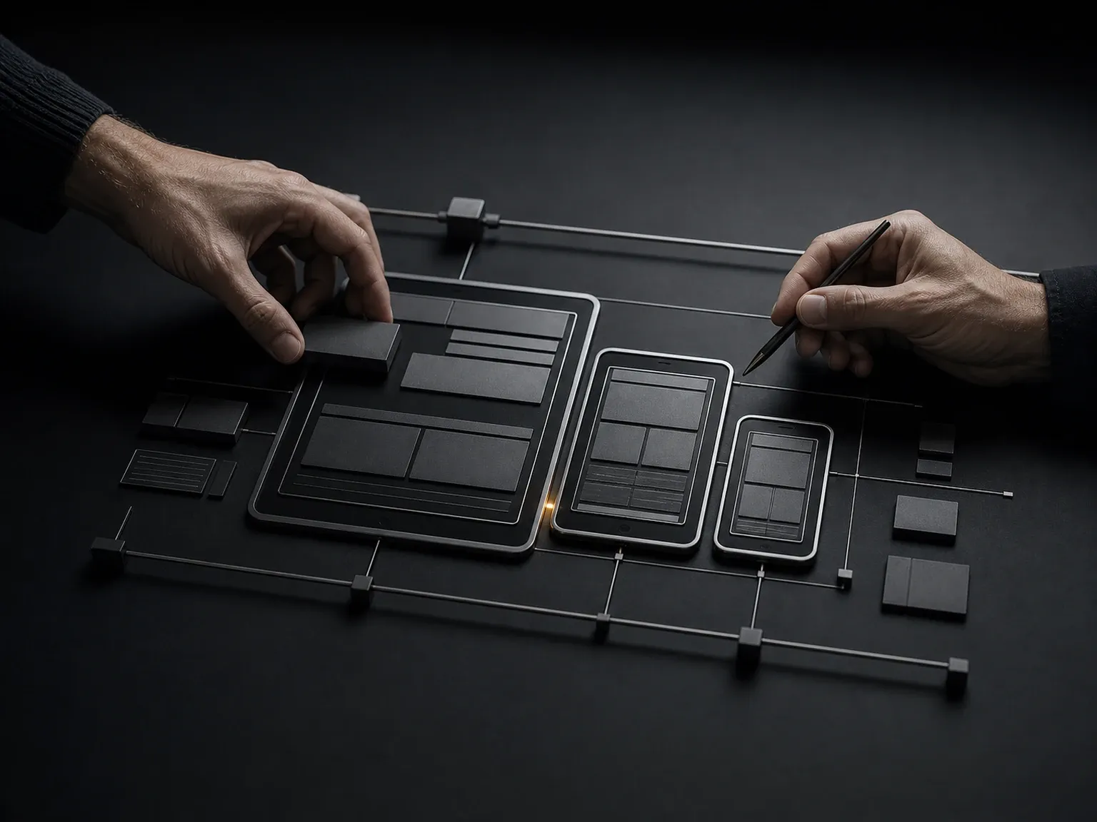 Two studio collaborators arranging a modular design system on a dark worktable
