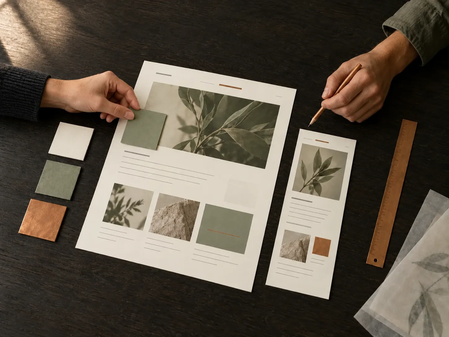 Two people reviewing desktop and mobile website design proofs and colour swatches from opposite sides of a dark timber table