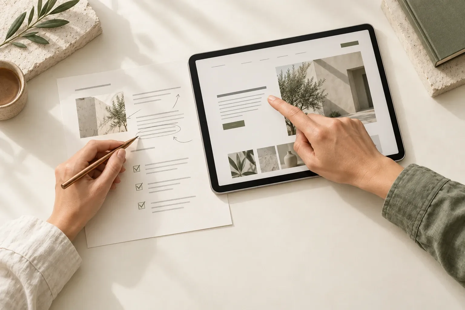 Two people reviewing website content on a tablet beside a marked-up proof and checked review checklist
