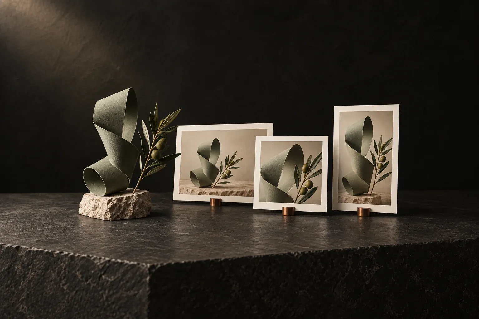 A sage paper sculpture and olive sprig reinterpreted in landscape, square and portrait prints