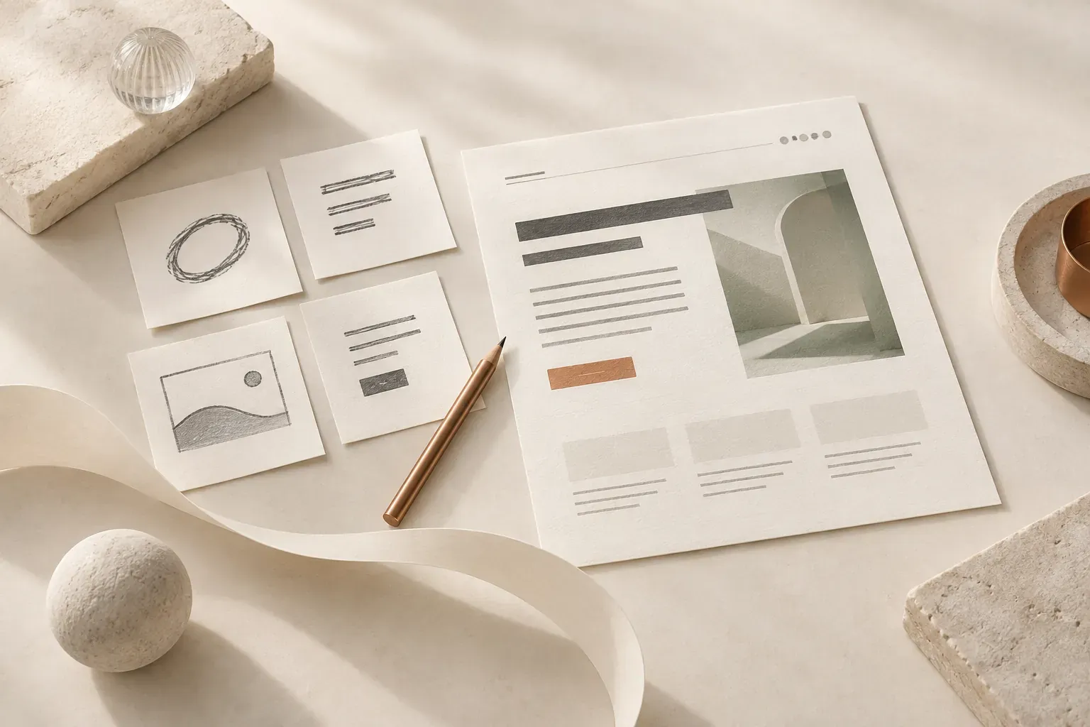 Draft paper notes arranged into a clear editorial webpage with a copper pencil