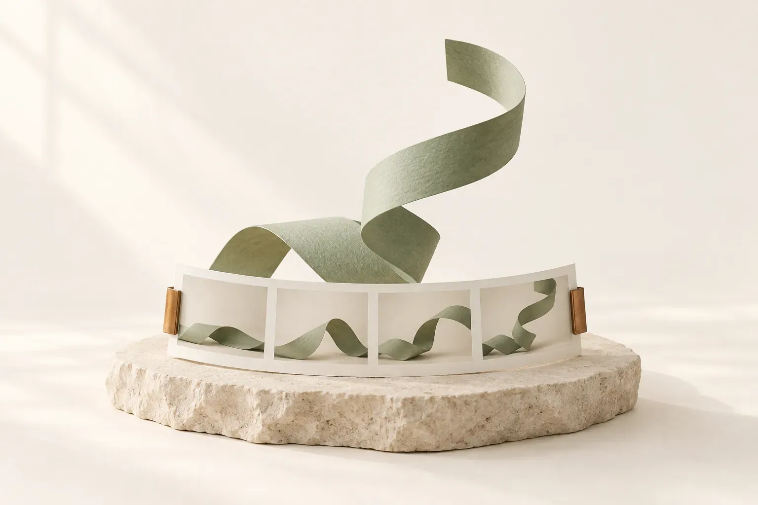 A flowing sage paper ribbon echoed across a sequence of video stills