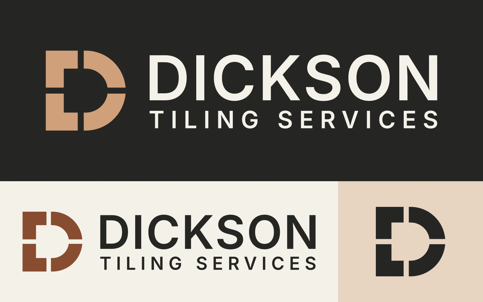Dickson Tiling Services brand sheet with the clay and limestone logo on charcoal above a terracotta and charcoal version on limestone and a charcoal four-tile D monogram on sand