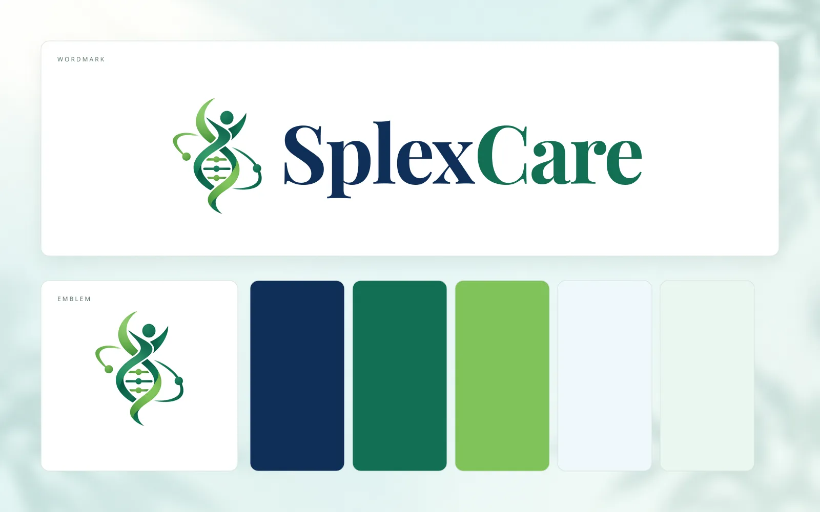 SplexCare brand sheet with the DNA helix emblem beside the navy and emerald SplexCare wordmark, above the emblem on its own and navy, emerald, leaf green, pale blue and mint colour swatches