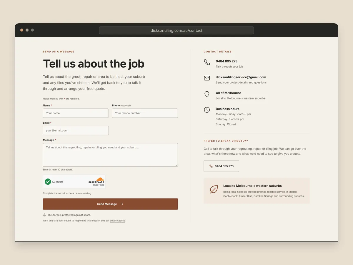 Desktop browser frame showing the Dickson Tiling Services enquiry form beside its phone number, email address, service area and business hours