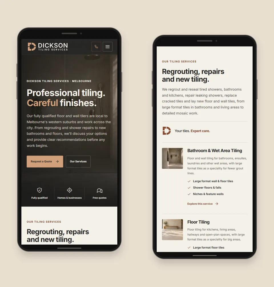 Two phone frames showing the Dickson Tiling Services mobile homepage hero and its services section, including bathroom and floor tiling