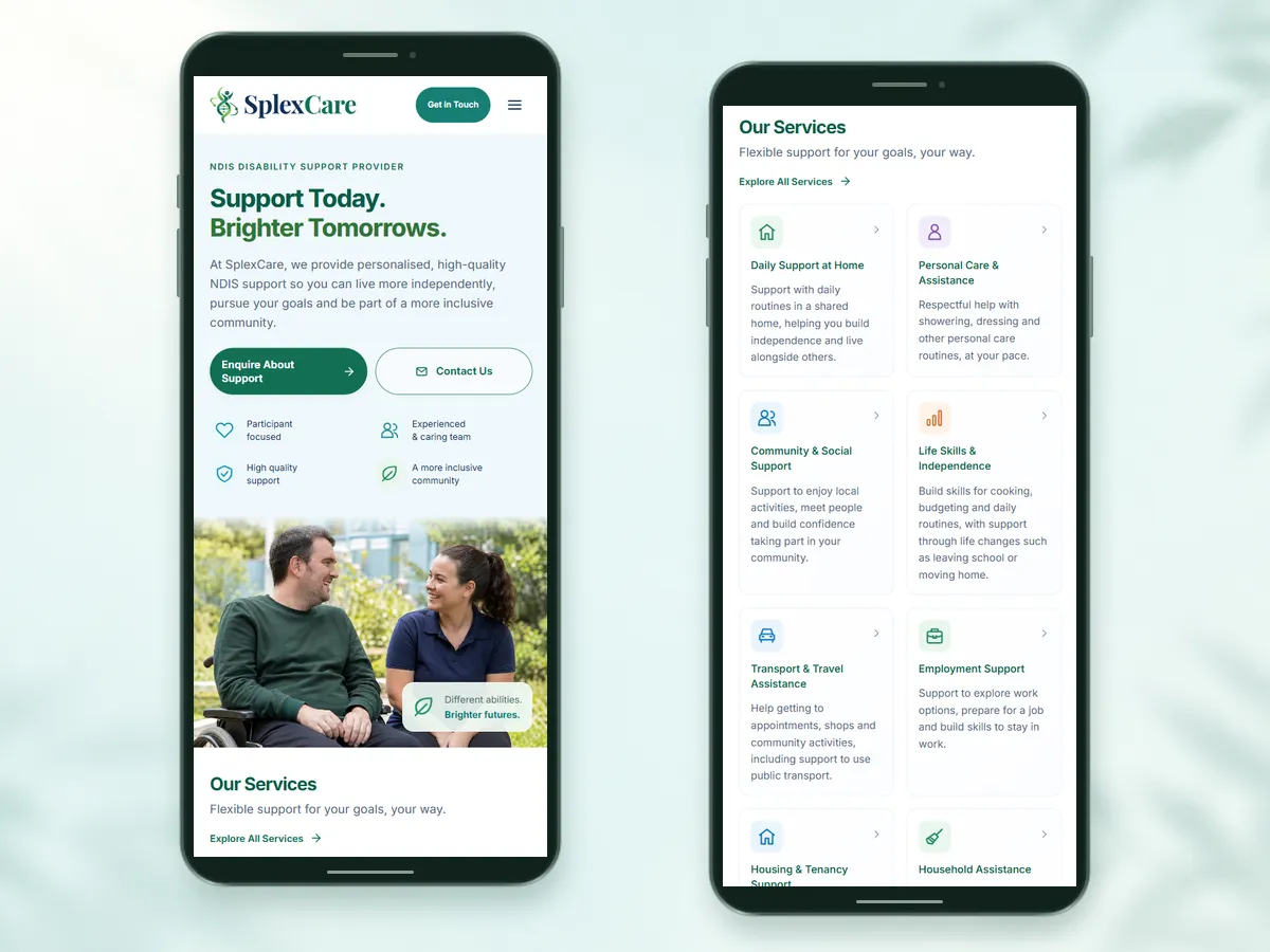 Two phone frames showing the SplexCare mobile homepage hero and its list of supports, each with its own coloured icon