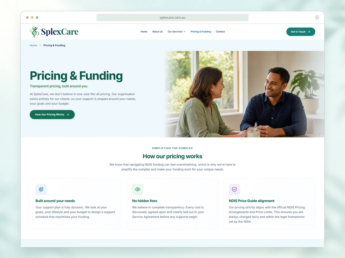 SplexCare pricing and funding page in a desktop browser frame, with two people talking across a table beside its promise of transparent pricing, above cards for support plans built around each person's needs, no hidden fees and NDIS Price Guide alignment