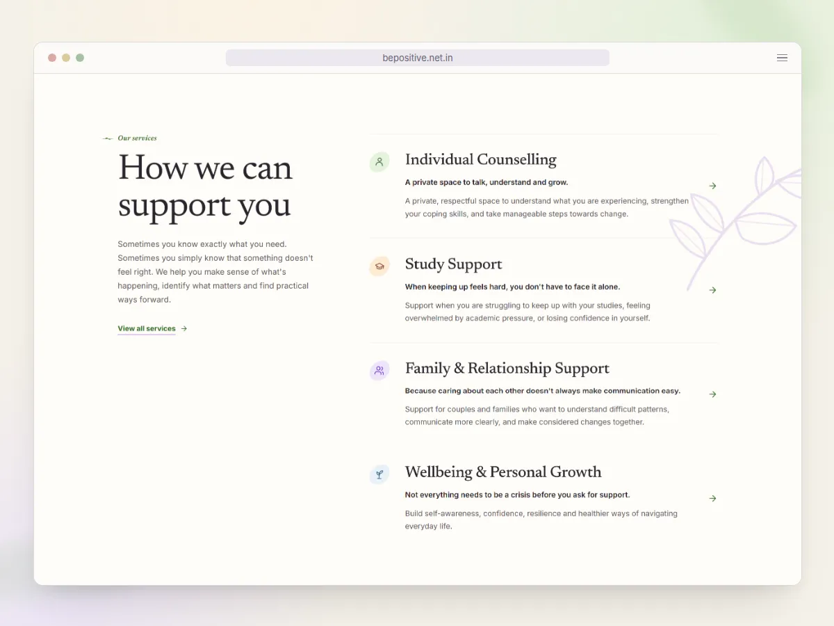 Be Positive services section in a desktop browser frame, headed How we can support you, listing individual counselling, study support, family and relationship support, and wellbeing and personal growth beside a drawn leafy branch