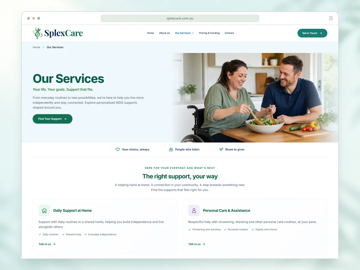 SplexCare services page in a desktop browser frame, with a participant and support worker preparing a meal above cards for daily support at home and personal care
