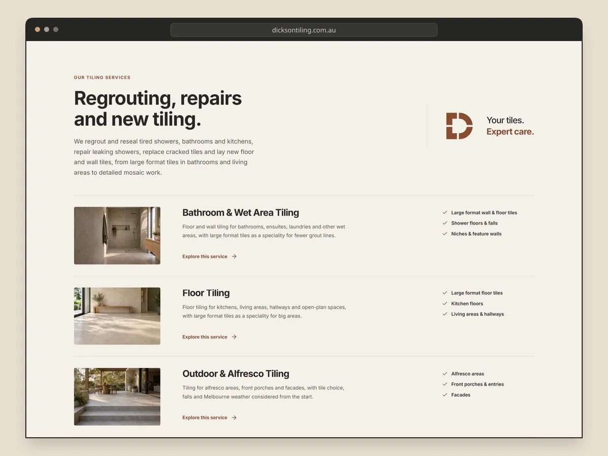 Desktop browser frame showing the homepage services section headed Regrouting, repairs and new tiling, with bathroom, floor and outdoor tiling services