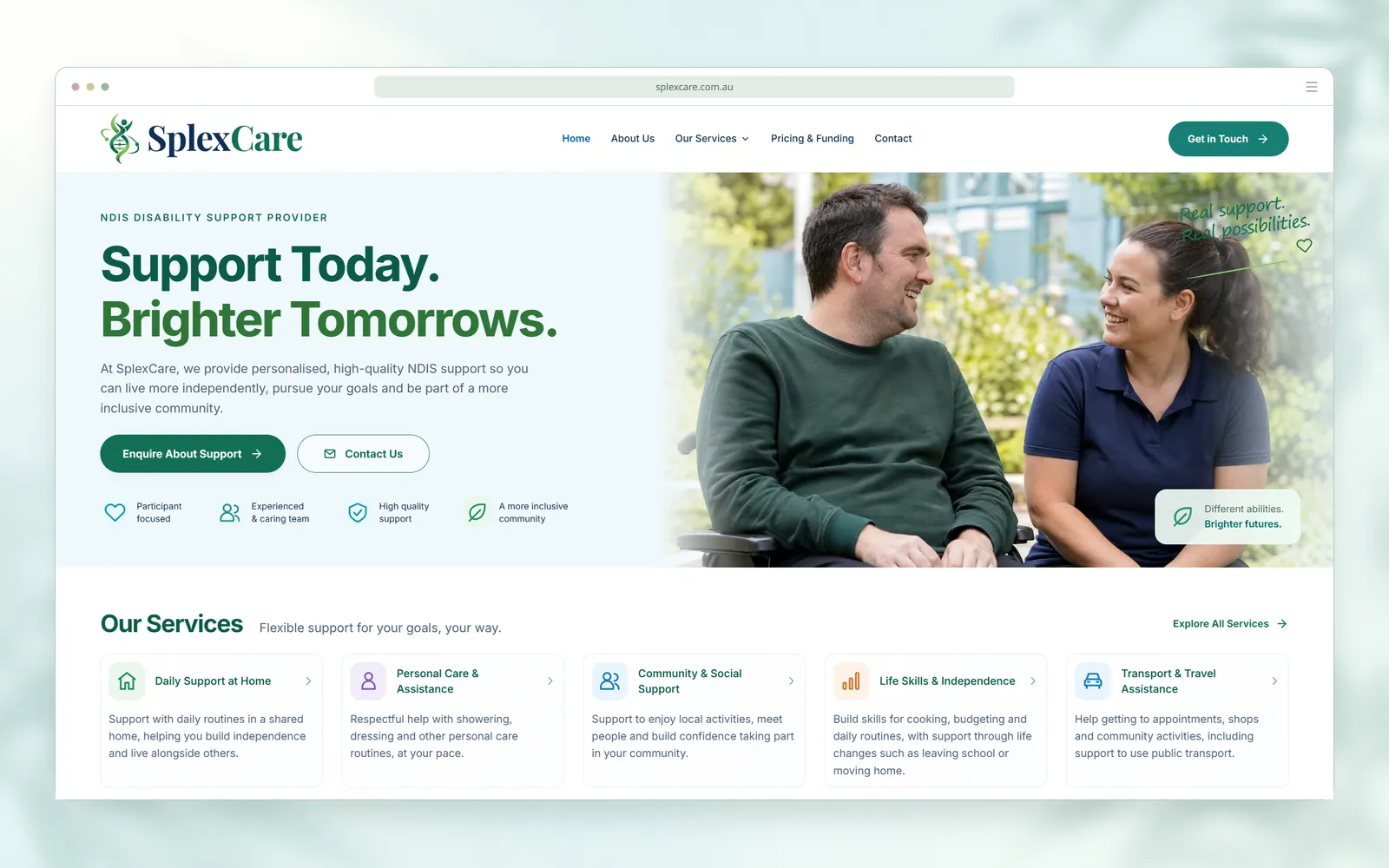 SplexCare homepage screenshot in a desktop browser frame, with the heading Support Today. Brighter Tomorrows. beside a photo of a wheelchair user and a support worker in a garden