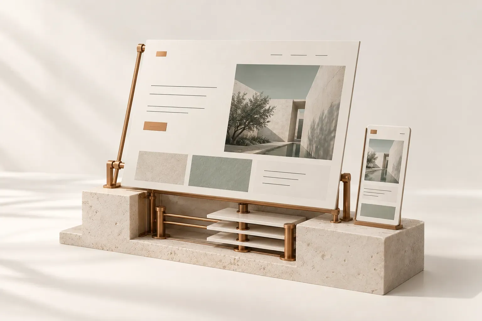 A paper website model supported by a precise copper framework on a limestone foundation