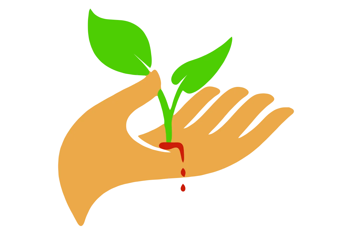 Original Be Positive logo: a green seedling rising from an open orange hand, with red drops running from where its stem meets the palm and falling below