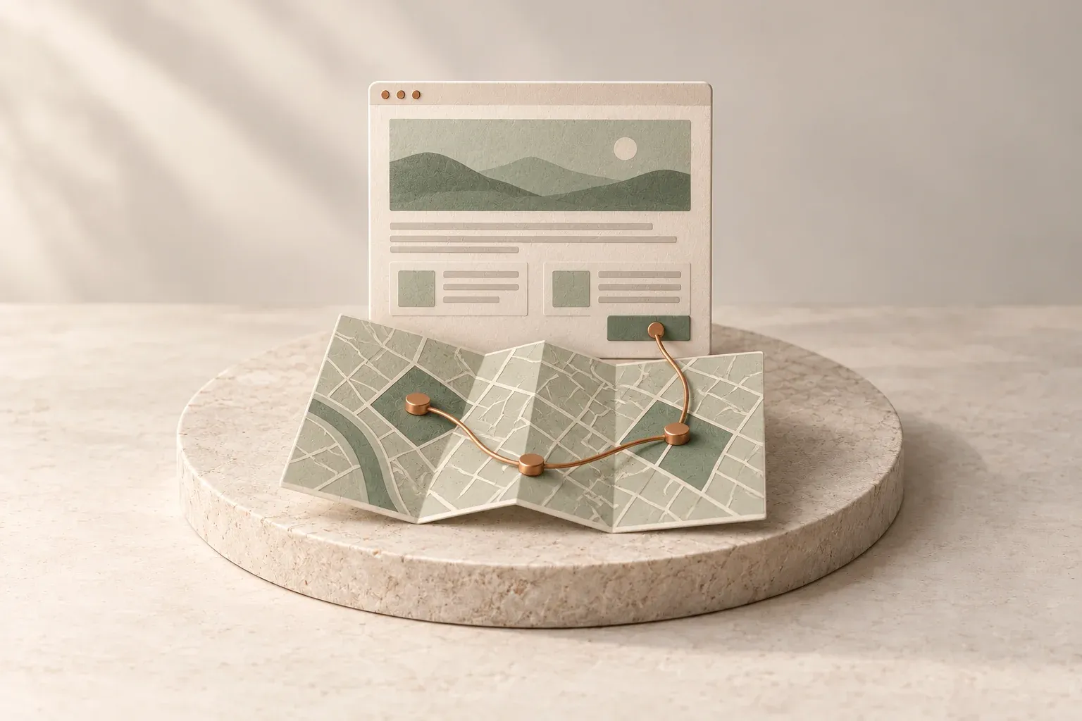 An ivory local business webpage linked by copper paths to a folded sage neighbourhood map on limestone