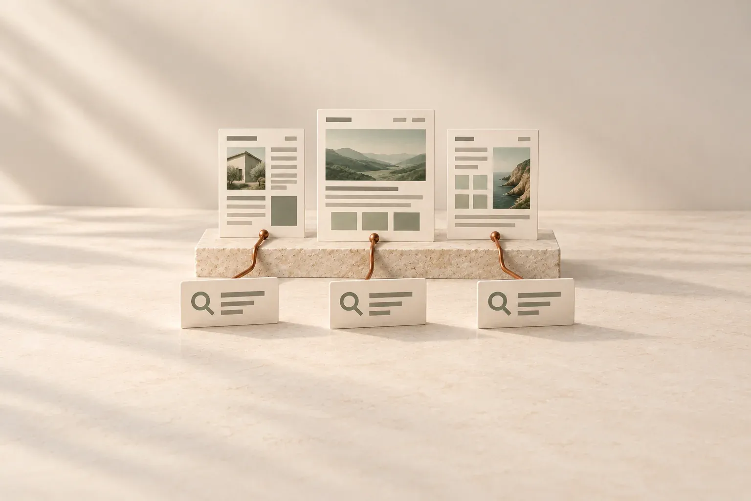Three ivory search-query cards linked by copper paths to matching webpages on pale limestone