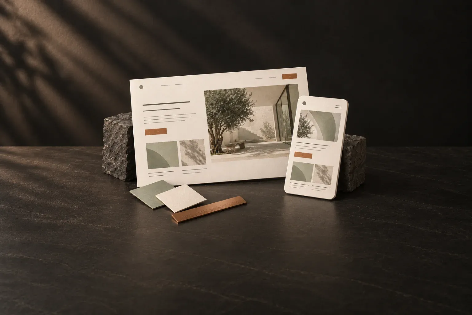 Ivory desktop and mobile website maquettes with sage swatches and a copper ruler on dark stone