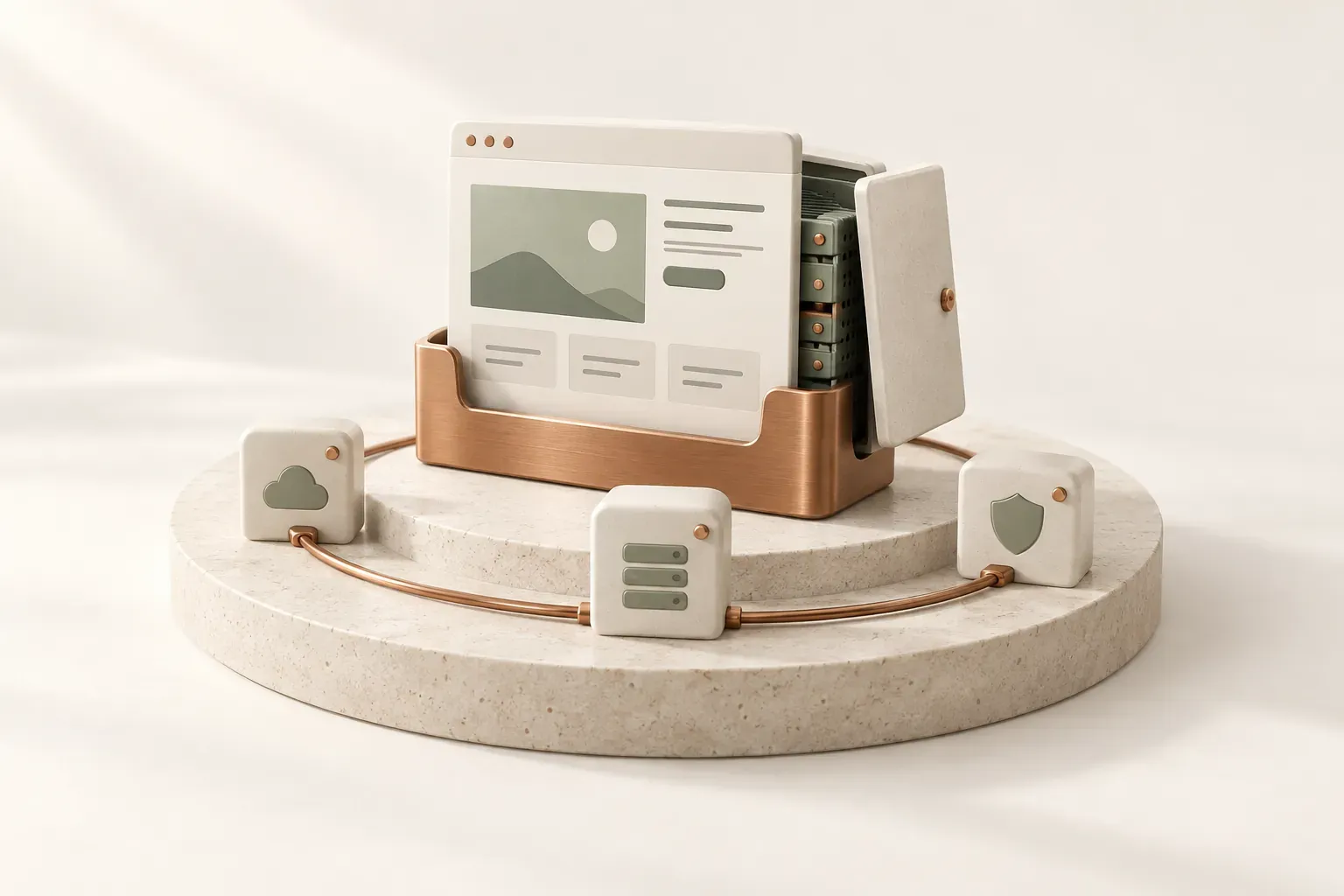 An ivory website held in a copper support cradle with connected service modules