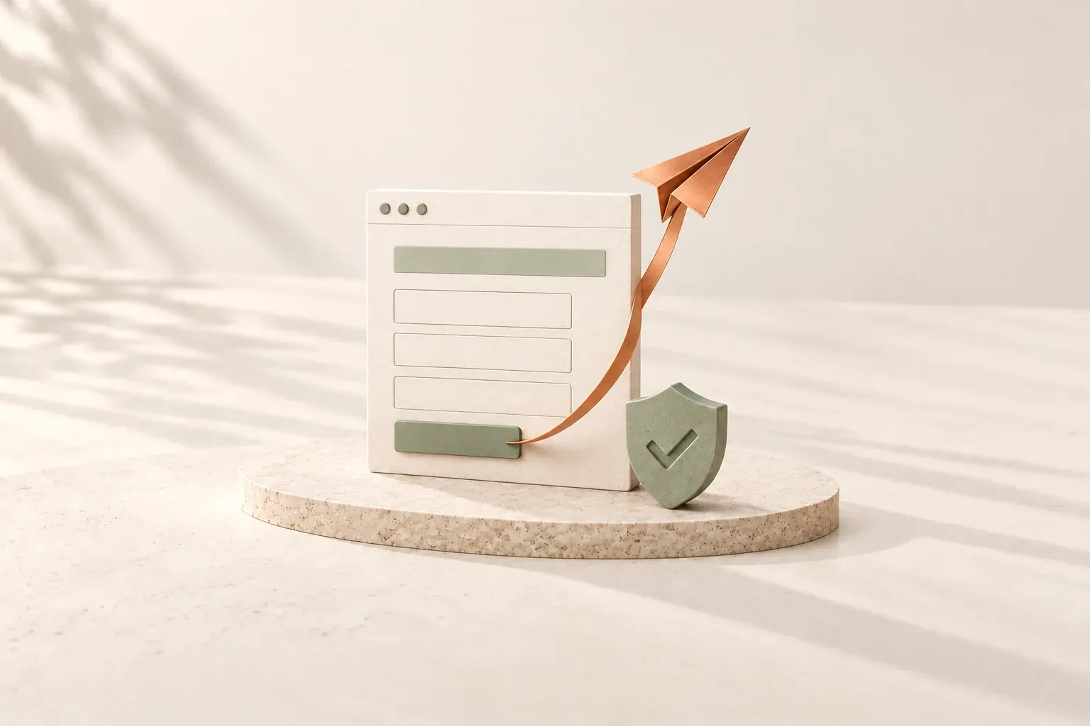 A copper paper plane rising from an ivory contact form beside a sage shield on pale limestone