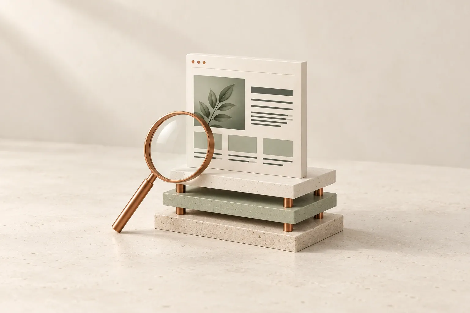 An ivory webpage on pale stone and sage foundations, with a copper magnifying glass